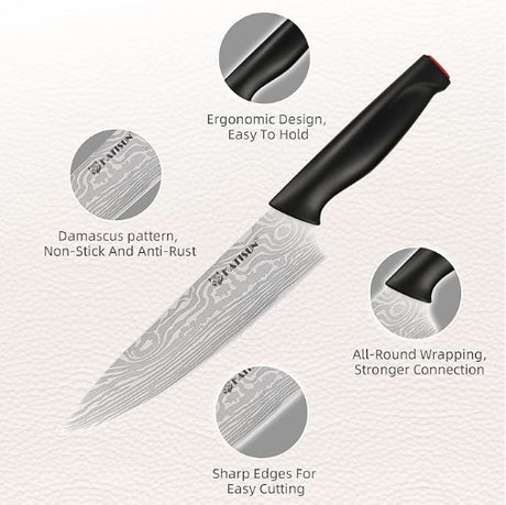 Damascus Pattern 15-Piece Kitchen Knife Set With Block, High Carbon Steel Chef Knife, Includes Sharpener And Scissors, Ergonomic Black Anti-Slip Handle And Red Trim, Perfect For Professionals